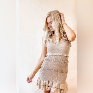 Cream/Light Tan Smocked Ruffle Tiered Stretchy Ribbed & Ruffles Dress Sz M